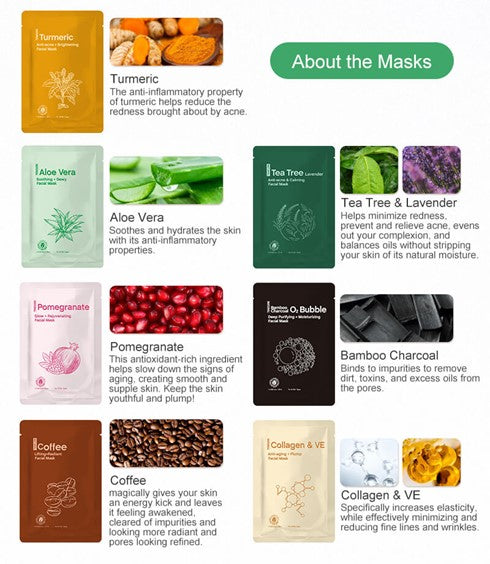 FC 5 in 1 Natural Facial Mask kit, Collagen & VE, Bamboo Charcoal, Pomegranate, Turmeric, Aloe Vera