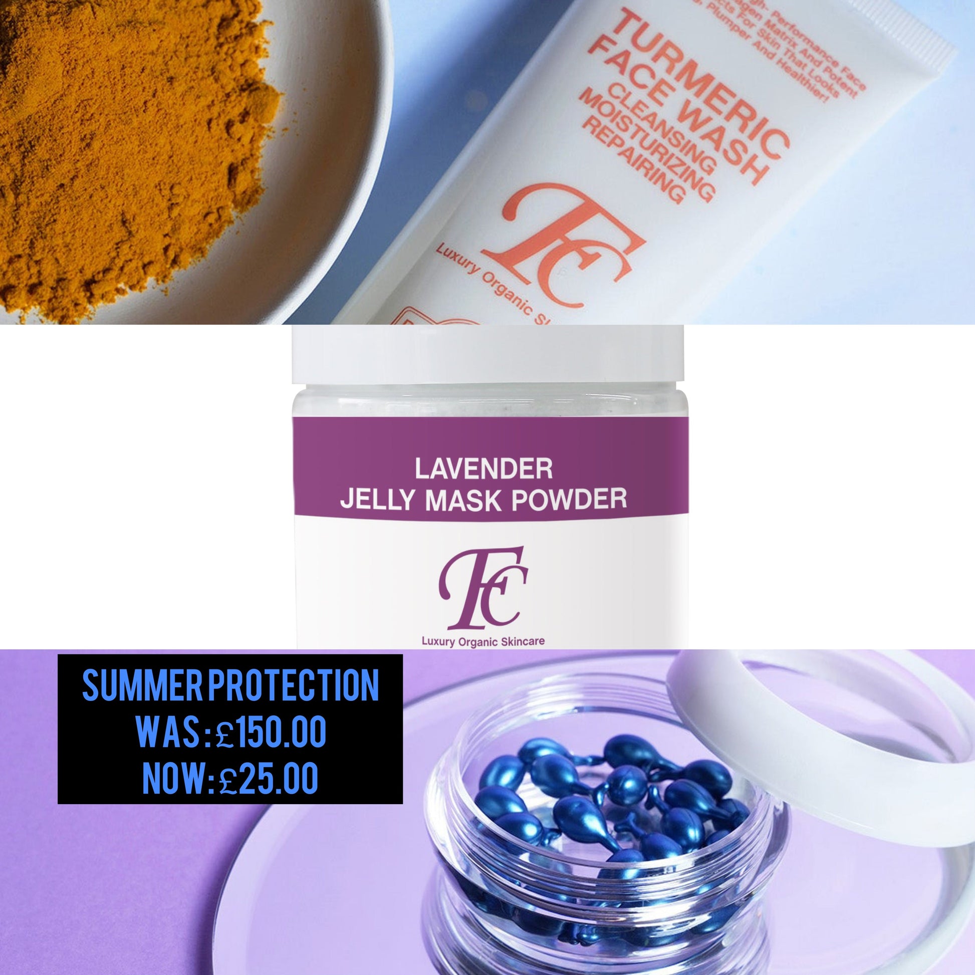 FC Turmeric Face Wash/Cleanser, FC Lavender Jelly Mask, FC Retinol Anti Aging Capsule Serum