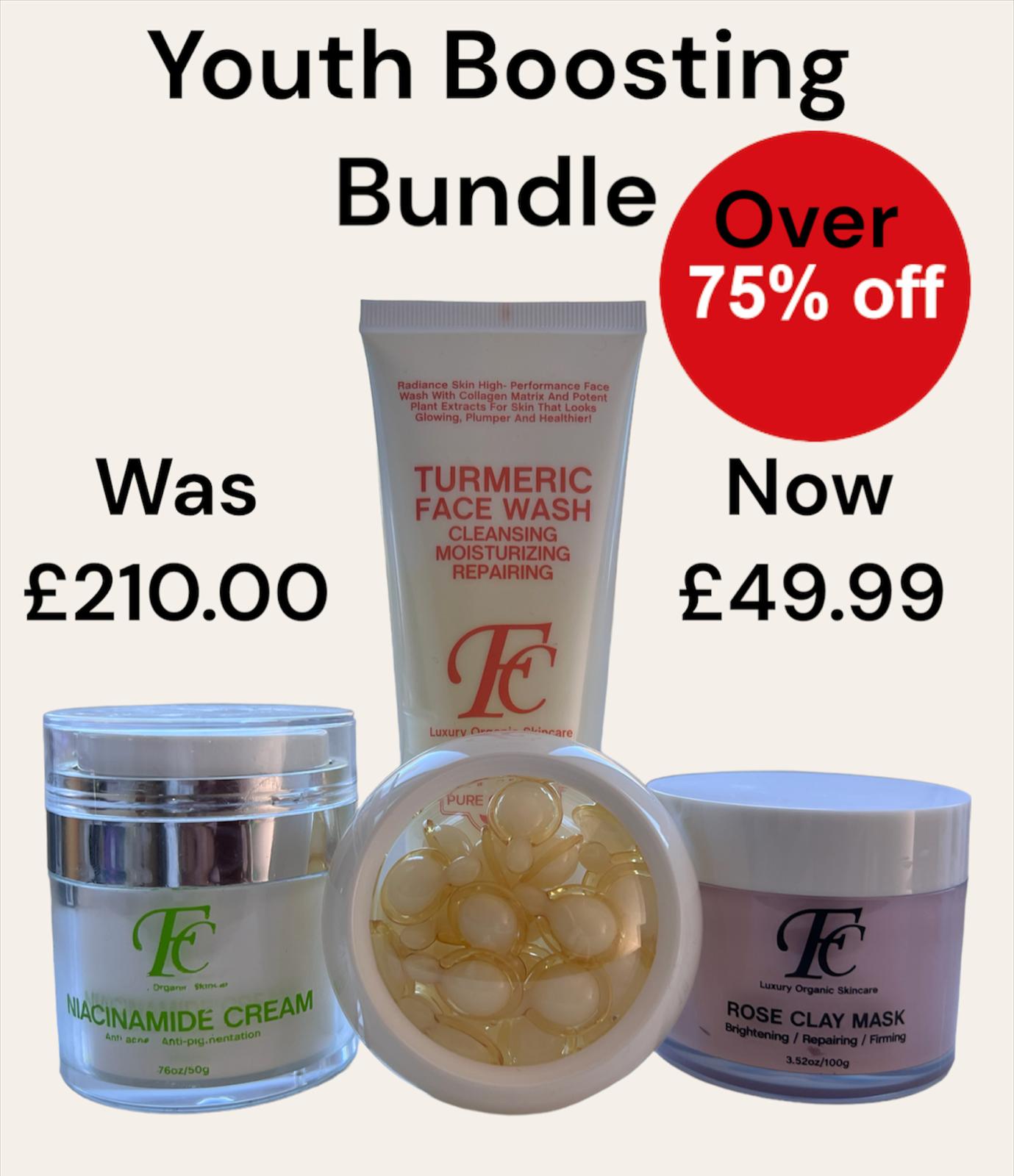 Youth Boosting Bundle sale offer on skincare rose clay mask turmeric face wash vitamin c and face cream