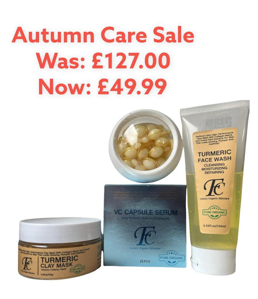 Autumn skin care bundle with Vitamin C Capsule, Turmeric Clay Mask, Turmeric Facial Cleanser, Vitamin C Capsule