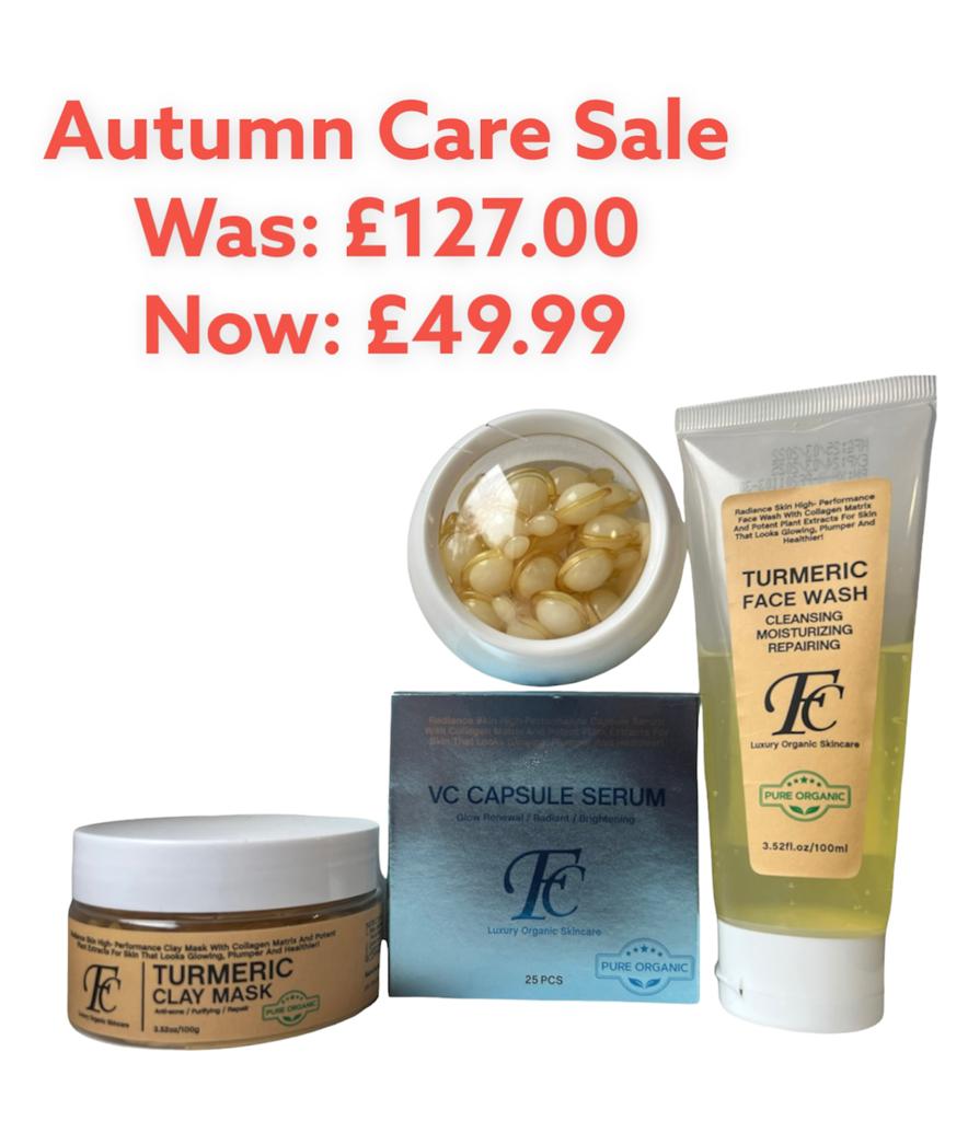 Autumn skin care bundle with Vitamin C Capsule, Turmeric Clay Mask, Turmeric Facial Cleanser, Vitamin C Capsule