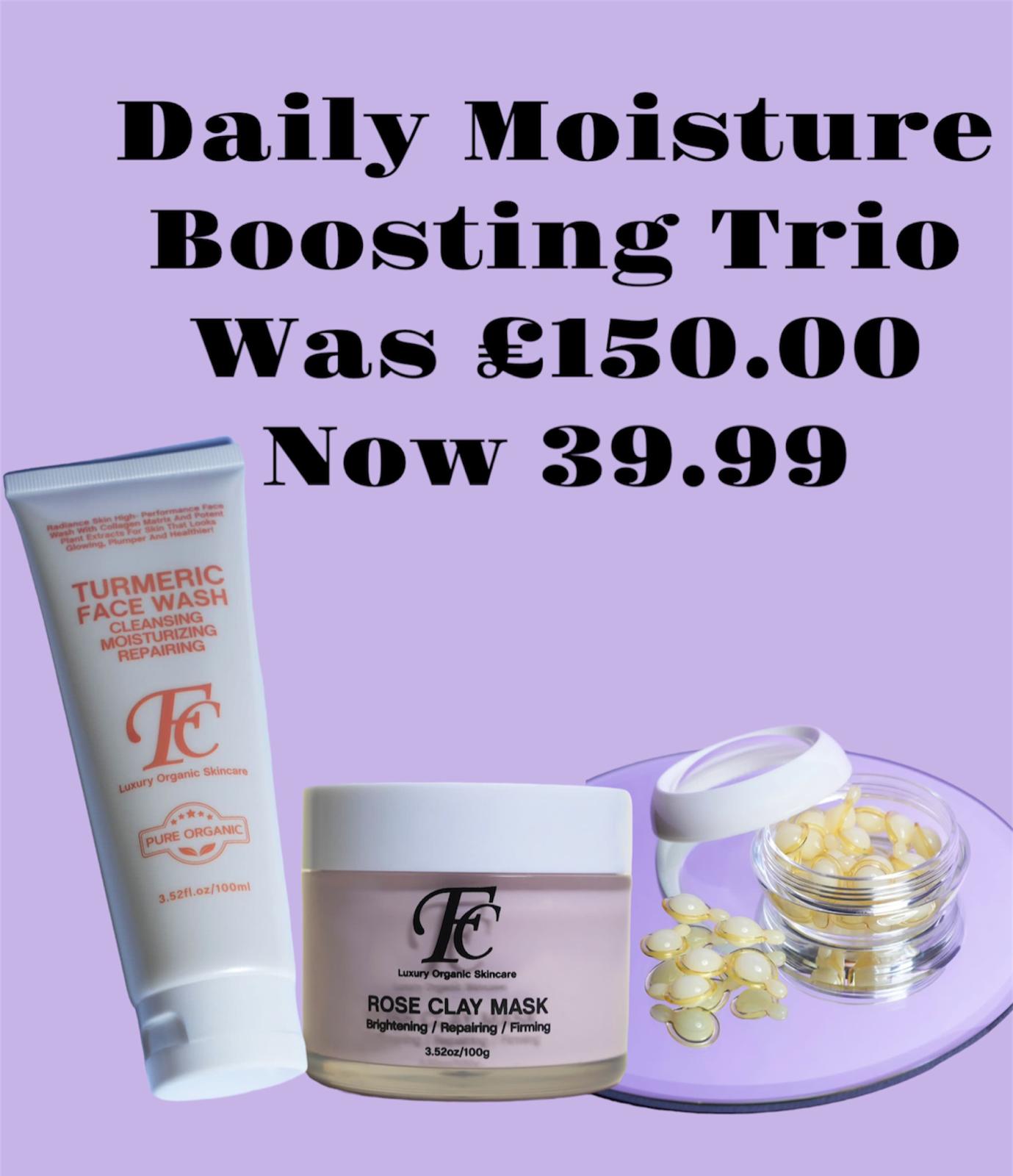 Daily Moisture Boosting Trio with Turmeric Face Wash/Cleanser, Rose Clay Mask, Vitamin C Capsules Serum