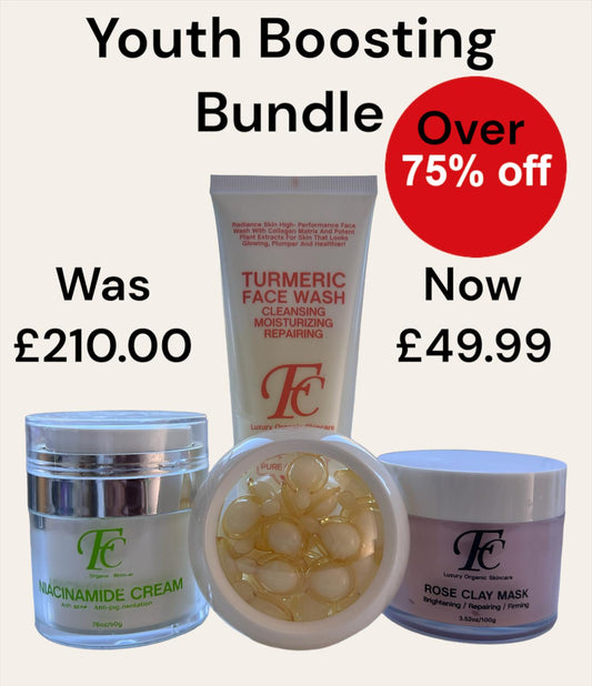 Youth Boosting Bundle sale offer on skincare rose clay mask turmeric face wash vitamin c and face cream